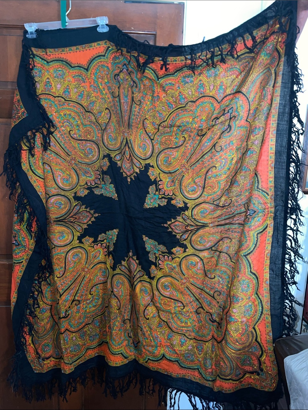 Black & Orange Paisley Fringe Shawl Wrap